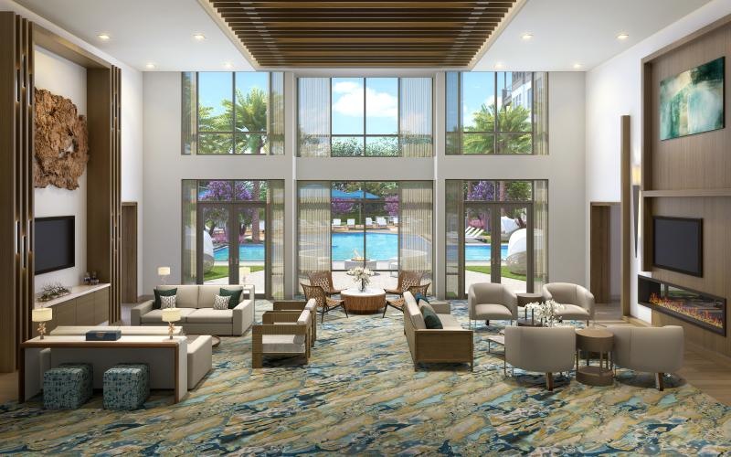 leasing center with large windows and couches