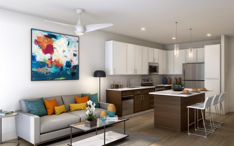 a living room with a couch and a table