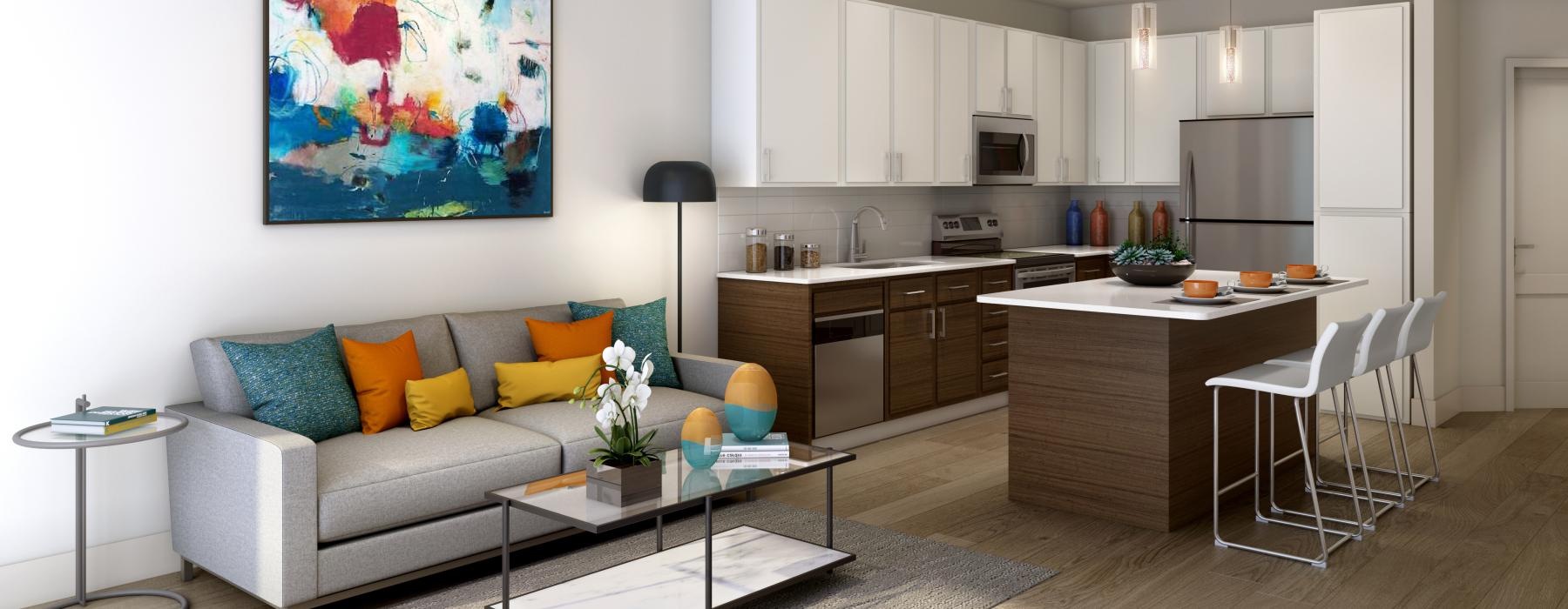 a living room with a couch and a table