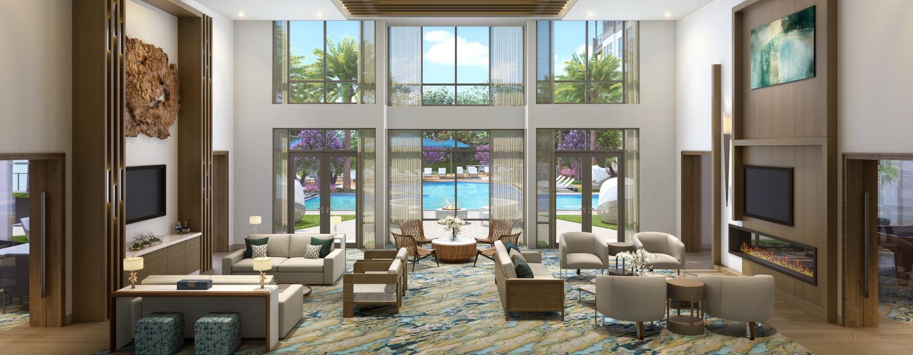 leasing center with large windows and couches